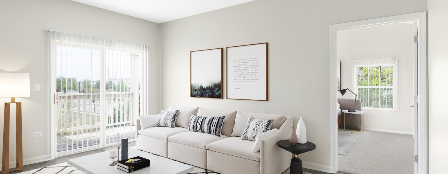 living room with a large window