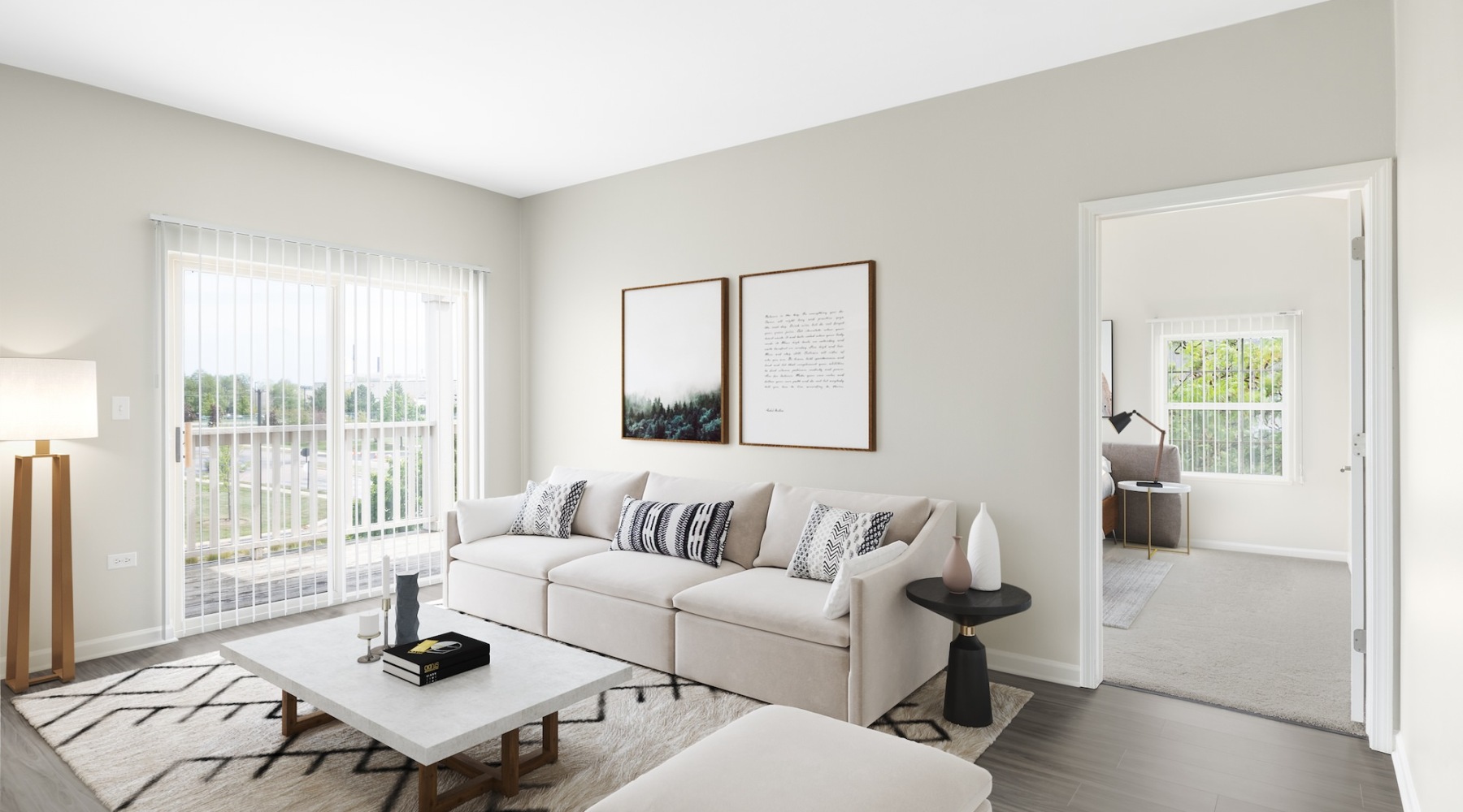 living room with a large window