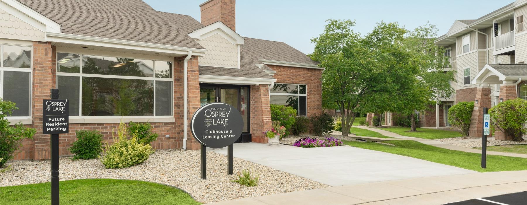 a building with a sign in front